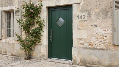 Porte d'entrée PVC sur mesure Semi-Vitrée Style Fermière, Losange sur Lames – modèle 142, photo d'ambiance