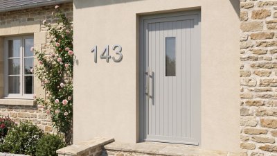 Porte d'entrée PVC sur mesure Semi-Vitrée Style Fermière, Vitrage Étroit sur Lames – modèle 143, photo d'ambiance
