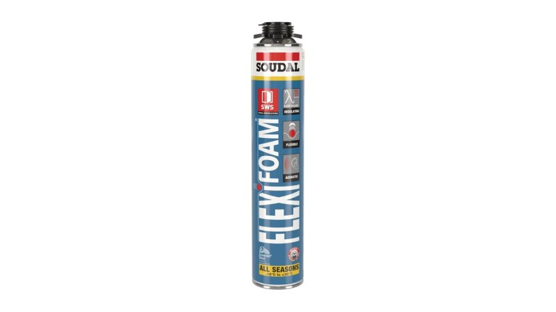 Mousse polyuréthane élastique pistolable Flexifoam Gun 750 ml Soudal, aérosol à visser