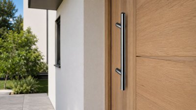 Poignée de tirage inox posée sur une porte d'entrée en bois