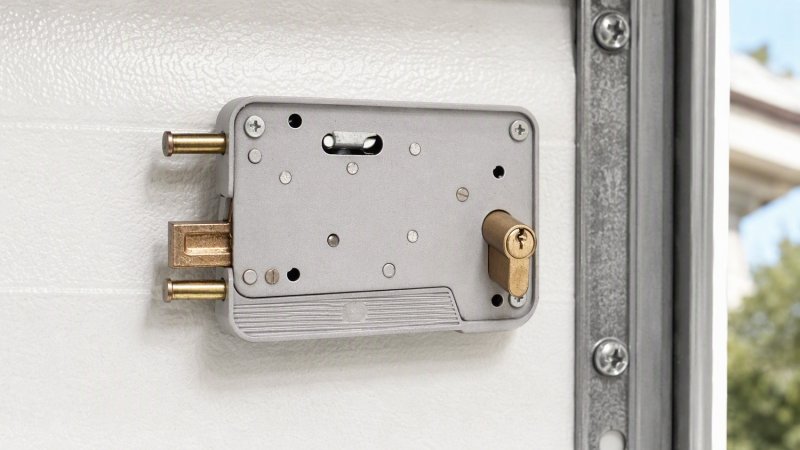 Serrure en applique posée à l'intérieur d'une porte de garage