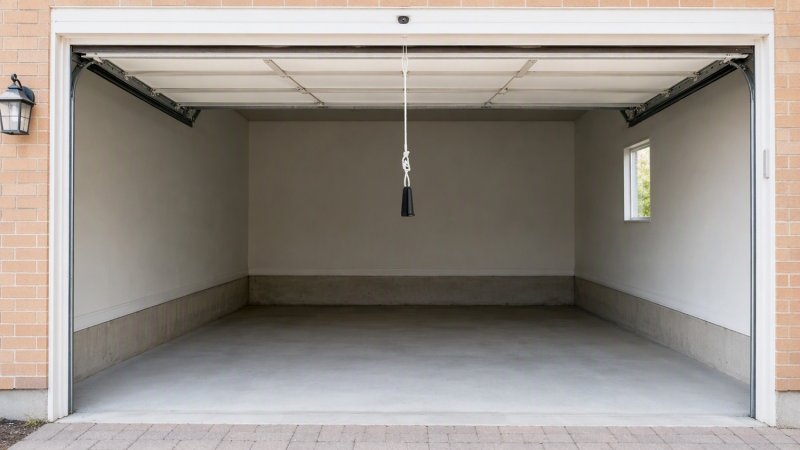 Poignée ficelle pendue au bas d'une porte de garage ouverte