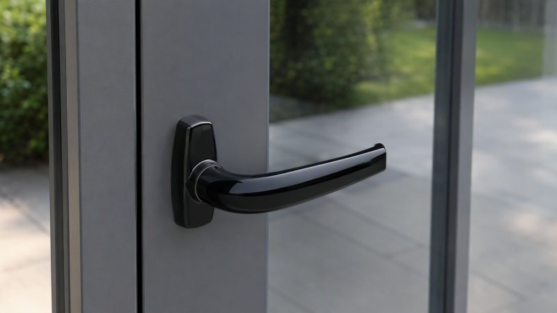 Béquille sur rosace posée sur une porte d'entrée en aluminium
