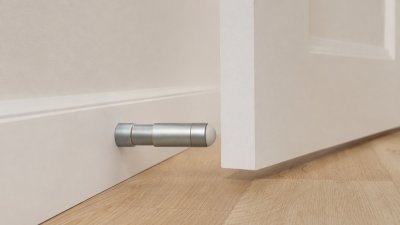 Butoir de plinthe vissé dans la plinthe, derrière une porte ouverte