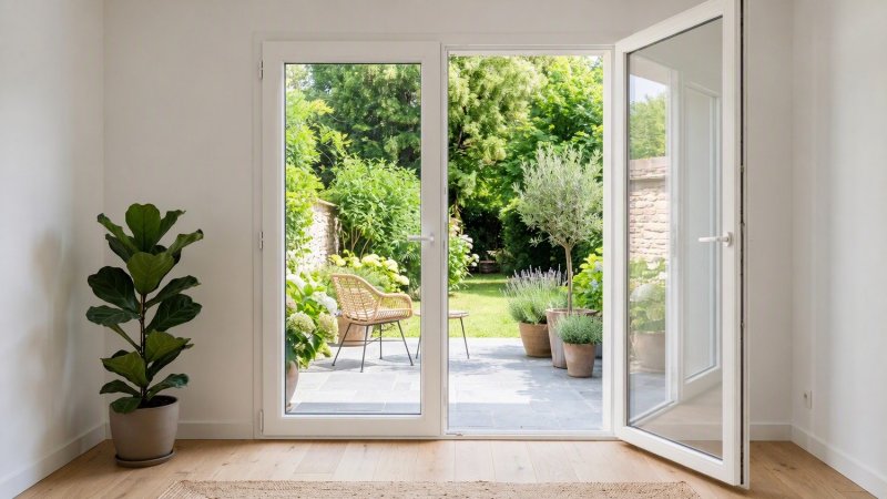 Porte-fenêtre bois 2 ouvrants — pin peint en blanc