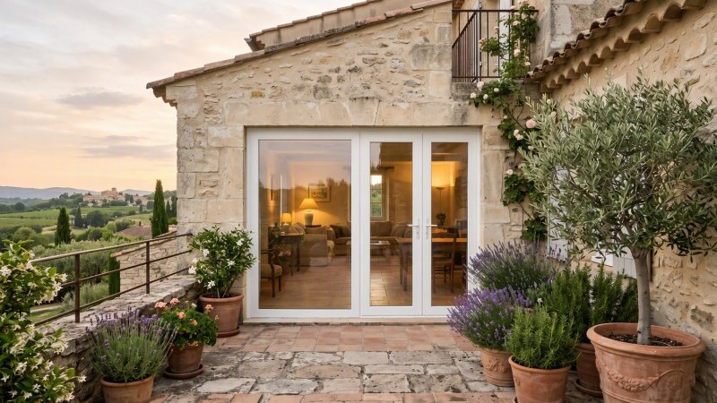 Porte-fenêtre bois 3 vantaux, 1 fixe + 2 ouvrants — pin peint en blanc