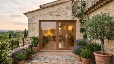 Porte-fenêtre bois 3 vantaux, 1 fixe + 2 ouvrants — meranti verni