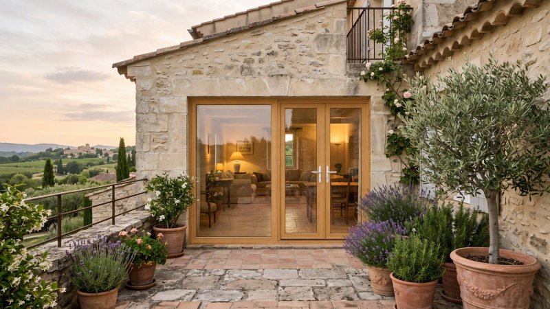 Porte-fenêtre bois 3 vantaux, 1 fixe + 2 ouvrants — chêne verni
