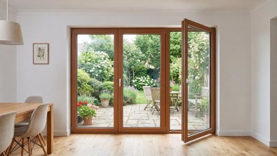 Porte-fenêtre bois 3 vantaux, 3 ouvrants — meranti verni