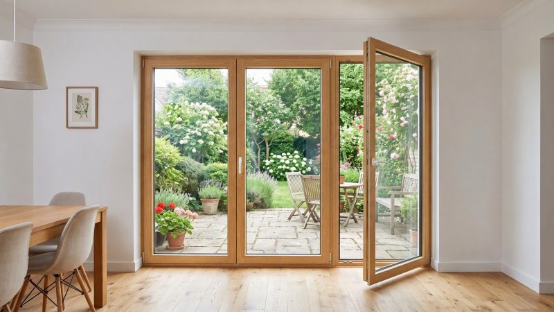 Porte-fenêtre bois 3 vantaux, 3 ouvrants — chêne verni