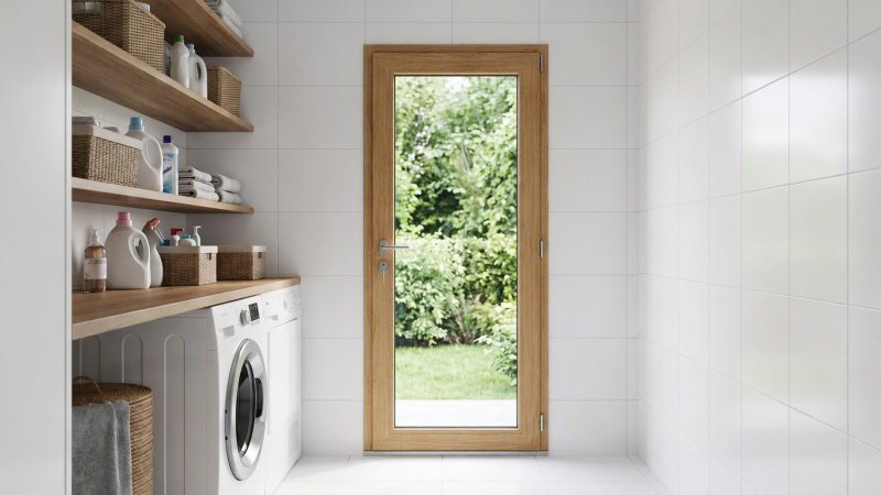 Porte de service bois vitrée sur mesure — vue intérieure
