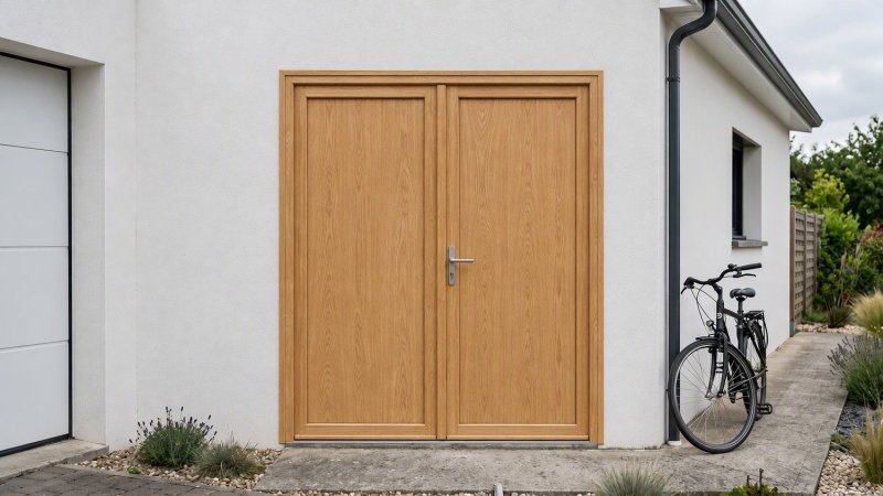 Porte de service bois pleine 2 vantaux sur mesure — vue extérieure