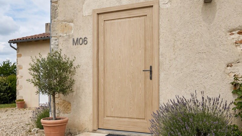 Porte d'entrée bois modèle M06 sur mesure — photo d'ambiance, pin naturel