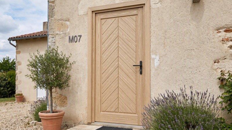 Porte d'entrée bois modèle M07 sur mesure — photo d'ambiance, pin naturel
