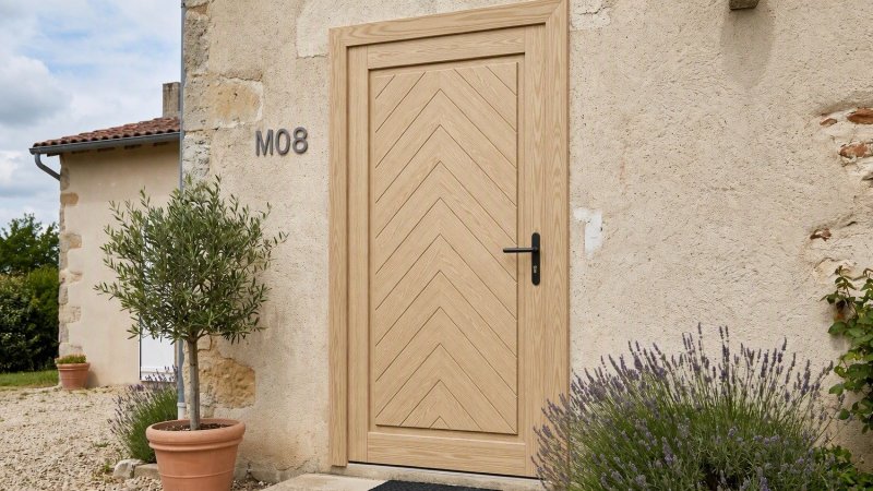 Porte d'entrée bois modèle M08 sur mesure — photo d'ambiance, pin naturel