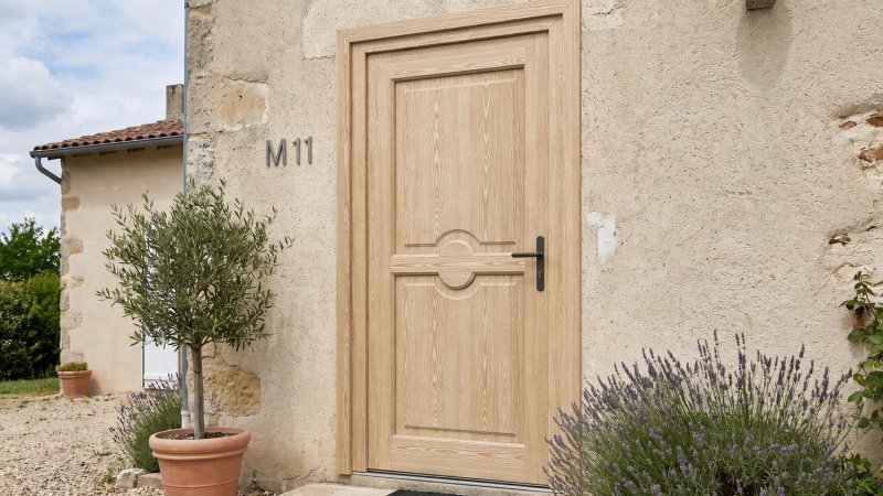 Porte d'entrée bois modèle M11 sur mesure — photo d'ambiance, pin naturel