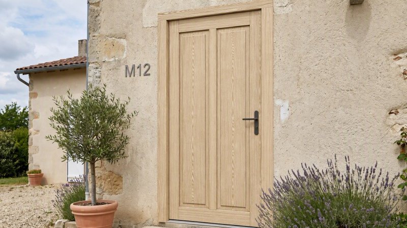 Porte d'entrée bois modèle M12 sur mesure — photo d'ambiance, pin naturel