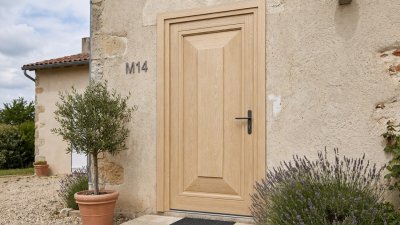 Porte d'entrée bois modèle M14 sur mesure — photo d'ambiance, pin naturel