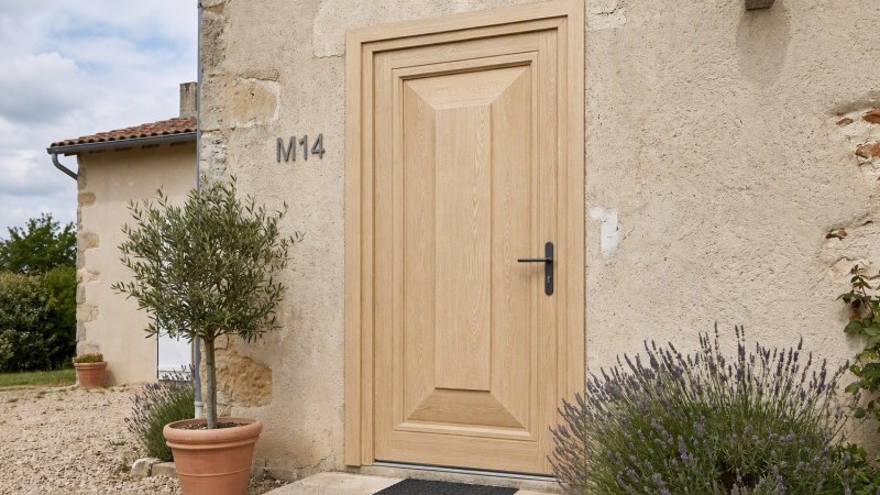 Porte d'entrée bois modèle M14 sur mesure — photo d'ambiance, pin naturel