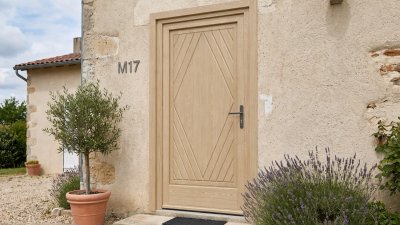 Porte d'entrée bois modèle M17 sur mesure — photo d'ambiance, pin naturel