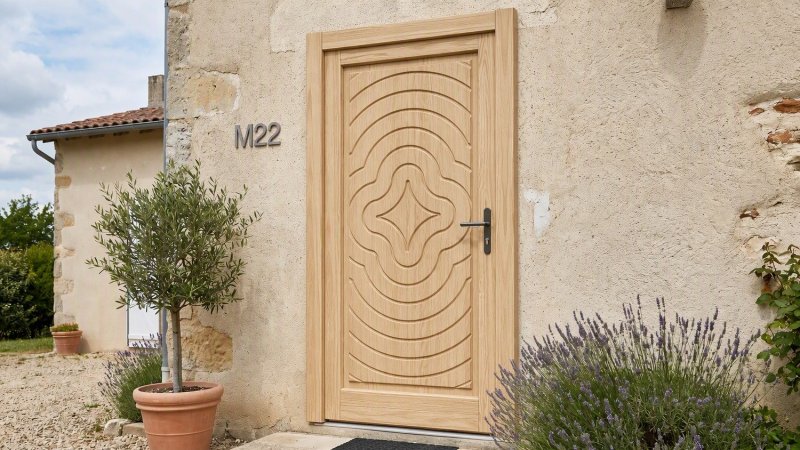 Porte d'entrée bois modèle M22 sur mesure — photo d'ambiance, pin naturel