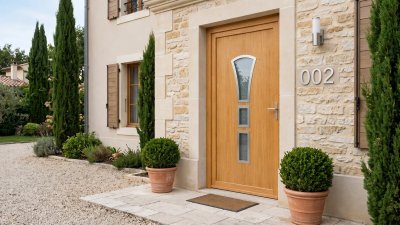 Porte d'Entrée Bois Sur Mesure – Semi-Vitrée Design, Vitrage en Calice et 2 Carreaux