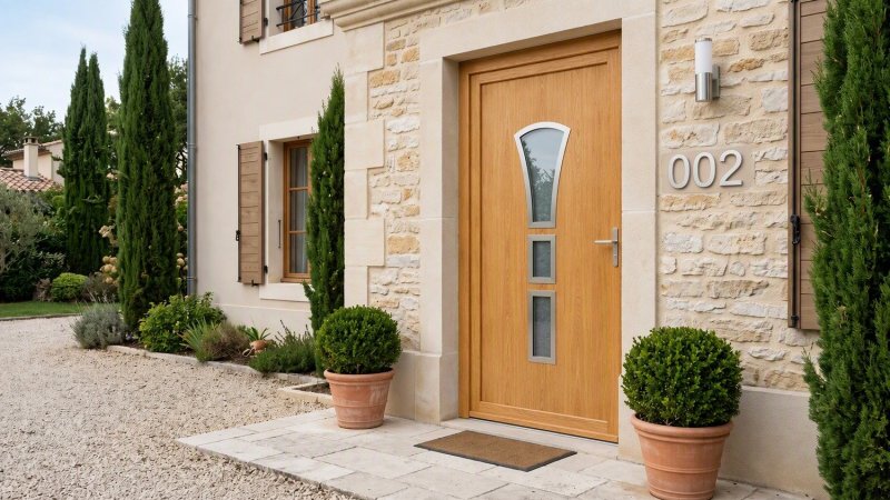 Porte d'entrée bois modèle 002 sur mesure — photo d'ambiance, chêne verni
