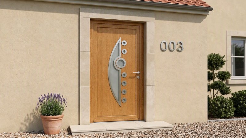 Porte d'entrée bois modèle 003 sur mesure — photo d'ambiance, chêne verni