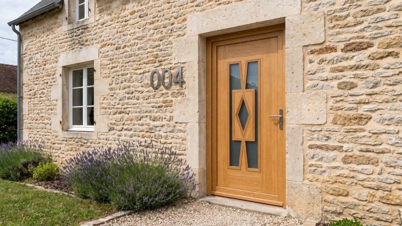 Porte d'entrée bois modèle 004 sur mesure — photo d'ambiance, chêne verni