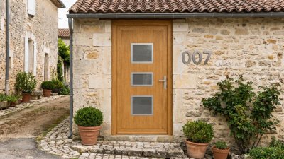 Porte d'Entrée Bois Sur Mesure – Vitrée Moderne, 3 Rectangles Superposés
