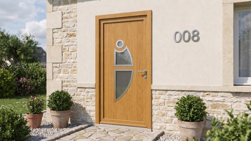 Porte d'entrée bois modèle 008 sur mesure — photo d'ambiance, chêne verni