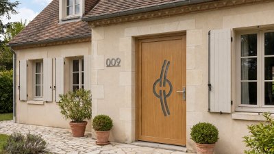 Porte d'entrée bois modèle 009 sur mesure — photo d'ambiance, chêne verni