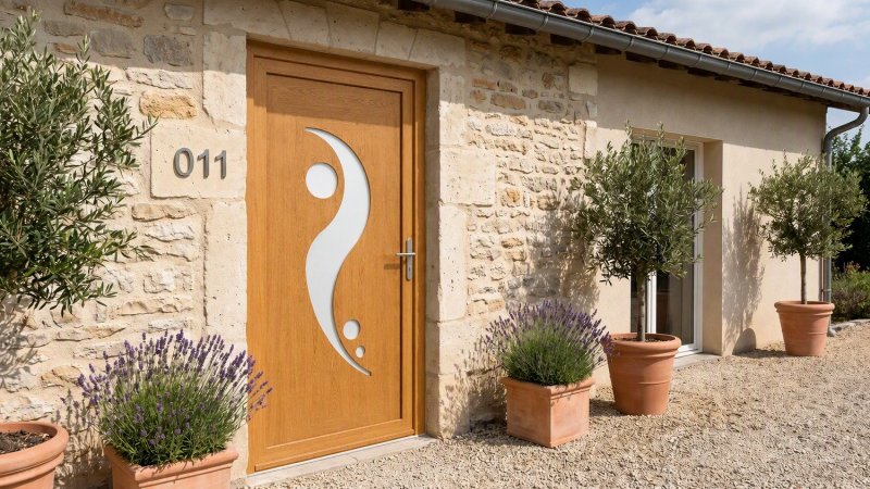 Porte d'entrée bois modèle 011 sur mesure — photo d'ambiance, chêne verni