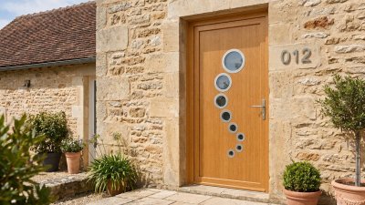 Porte d'Entrée Bois Sur Mesure – Semi-Vitrée Design, Cascade de 8 Hublots