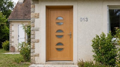 Porte d'Entrée Bois Sur Mesure – Semi-Vitrée Moderne, 3 Hublots Fendus