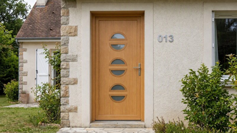 Porte d'entrée bois modèle 013 sur mesure — photo d'ambiance, chêne verni