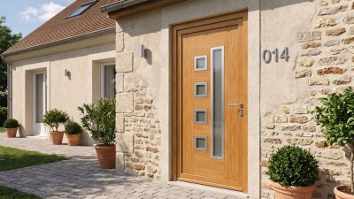 Porte d'entrée bois modèle 014 sur mesure — photo d'ambiance, chêne verni