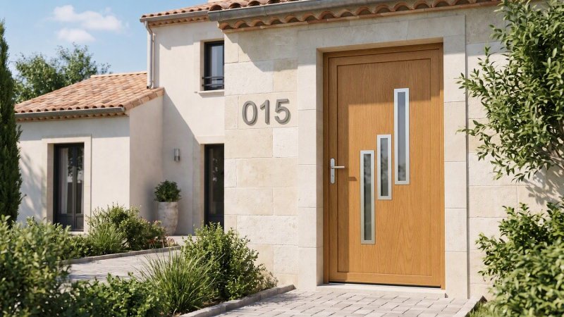Porte d'entrée bois modèle 015 sur mesure — photo d'ambiance, chêne verni