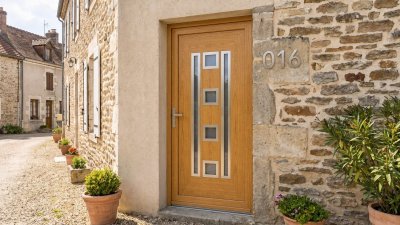 Porte d'entrée bois modèle 016 sur mesure — photo d'ambiance, chêne verni