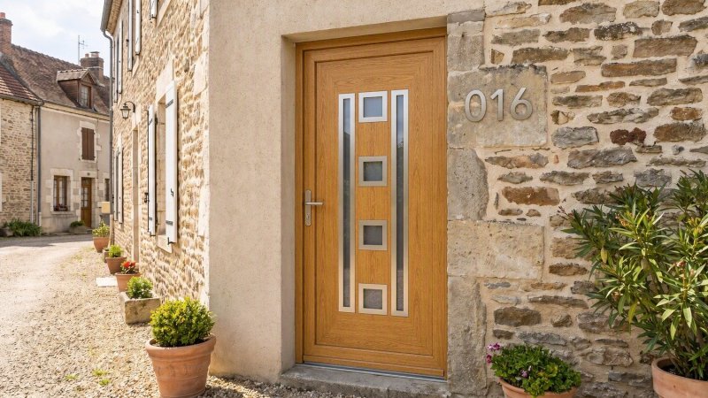 Porte d'entrée bois modèle 016 sur mesure — photo d'ambiance, chêne verni