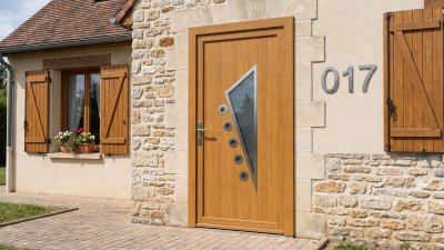Porte d'Entrée Bois Sur Mesure – Semi-Vitrée Design, Triangle et 5 Pastilles