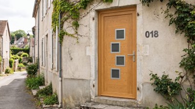 Porte d'entrée bois modèle 018 sur mesure — photo d'ambiance, chêne verni