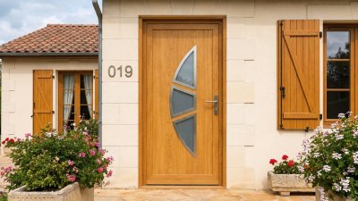 Porte d'entrée bois modèle 019 sur mesure — photo d'ambiance, chêne verni