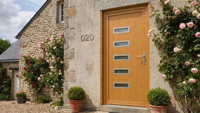 Porte d'entrée bois modèle 020 sur mesure — photo d'ambiance, chêne verni