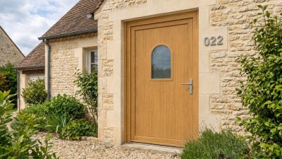 Porte d'entrée bois modèle 022 sur mesure — photo d'ambiance, chêne verni