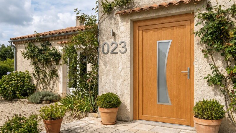Porte d'entrée bois modèle 023 sur mesure — photo d'ambiance, chêne verni