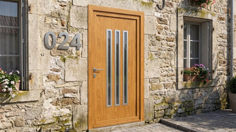 Porte d'entrée bois modèle 024 sur mesure — photo d'ambiance, chêne verni