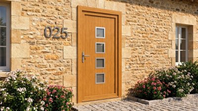 Porte d'entrée bois modèle 025 sur mesure — photo d'ambiance, chêne verni