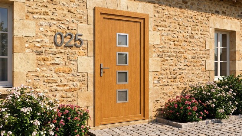 Porte d'entrée bois modèle 025 sur mesure — photo d'ambiance, chêne verni