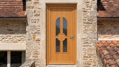 Porte d'entrée bois modèle 027 sur mesure — photo d'ambiance, chêne verni